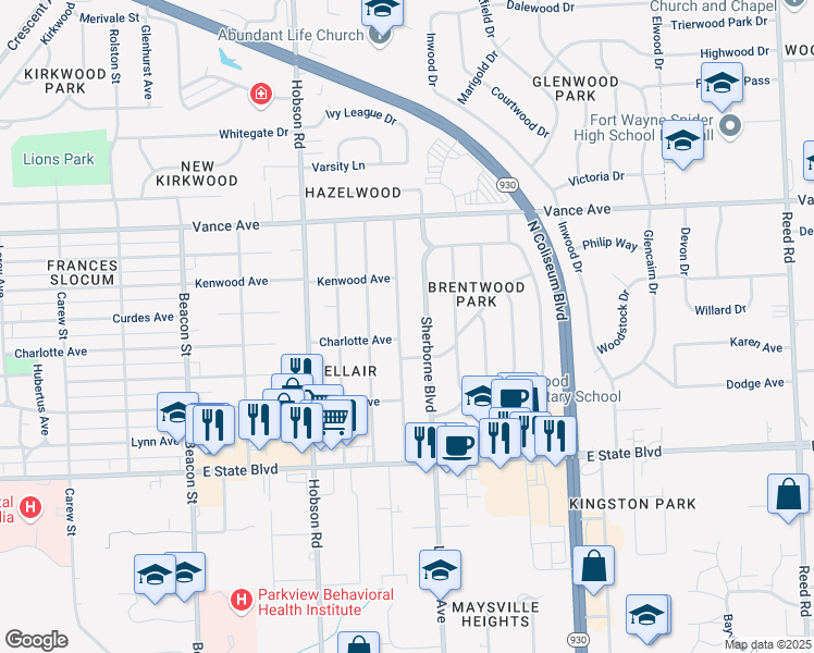 map of restaurants, bars, coffee shops, grocery stores, and more near 2714 Barnhart Ave in Fort Wayne