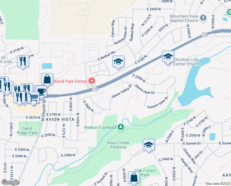 map of restaurants, bars, coffee shops, grocery stores, and more near 1935 Deere Valley Drive in Layton