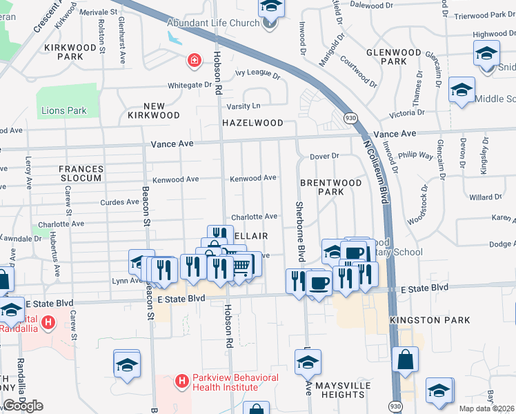 map of restaurants, bars, coffee shops, grocery stores, and more near 2713 Nordholme Avenue in Fort Wayne