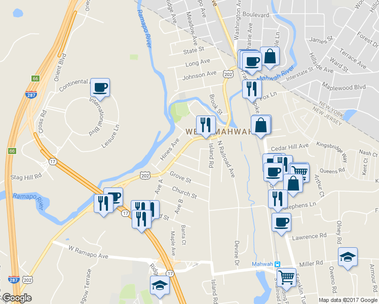 map of restaurants, bars, coffee shops, grocery stores, and more near 120 Wilmuth Street in Mahwah