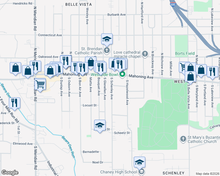 map of restaurants, bars, coffee shops, grocery stores, and more near 50 South Schenley Avenue in Youngstown