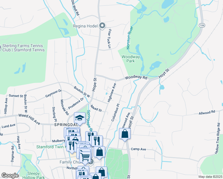 map of restaurants, bars, coffee shops, grocery stores, and more near 186 Highview Avenue in Stamford