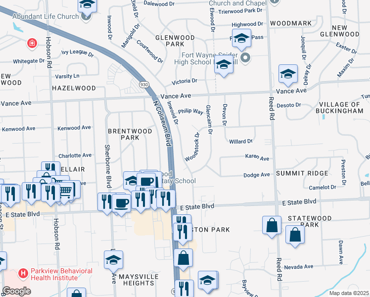 map of restaurants, bars, coffee shops, grocery stores, and more near 2730 Inwood Drive in Fort Wayne