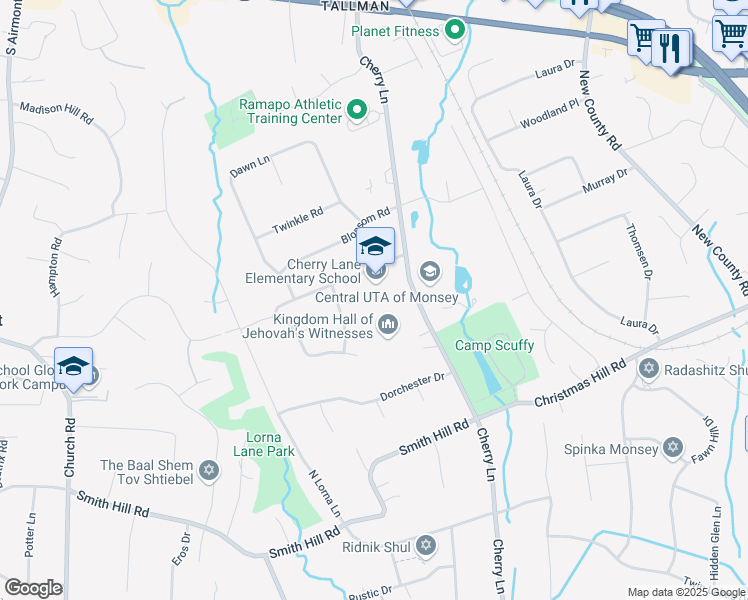 map of restaurants, bars, coffee shops, grocery stores, and more near 1 Heather Drive in Suffern