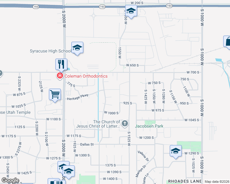map of restaurants, bars, coffee shops, grocery stores, and more near 1621 Heritage Parkway in Syracuse