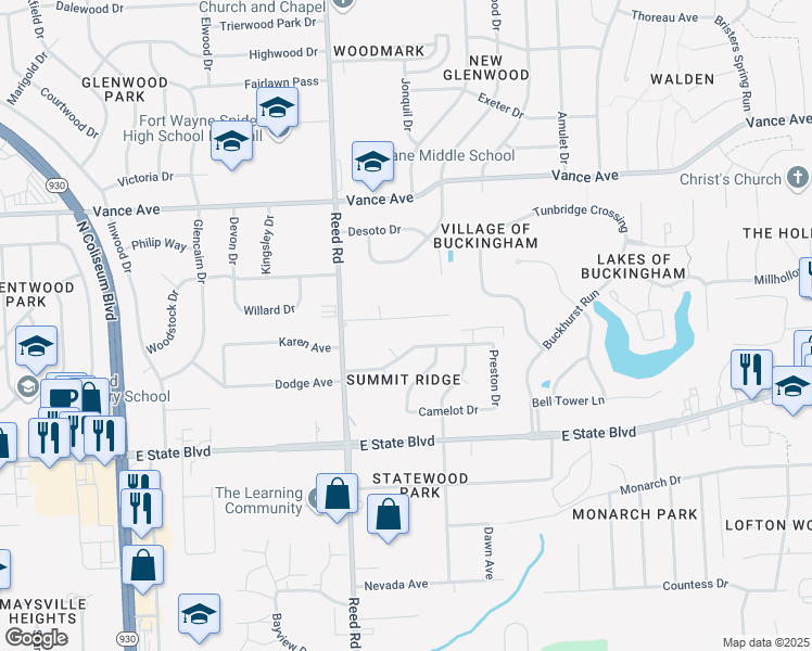 map of restaurants, bars, coffee shops, grocery stores, and more near 4932 Charlotte Avenue in Fort Wayne