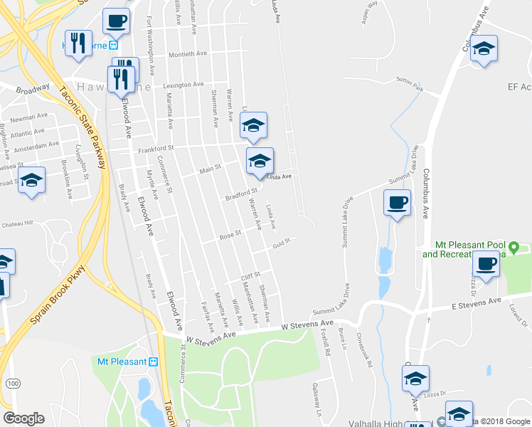 map of restaurants, bars, coffee shops, grocery stores, and more near 195 Linda Avenue in Hawthorne