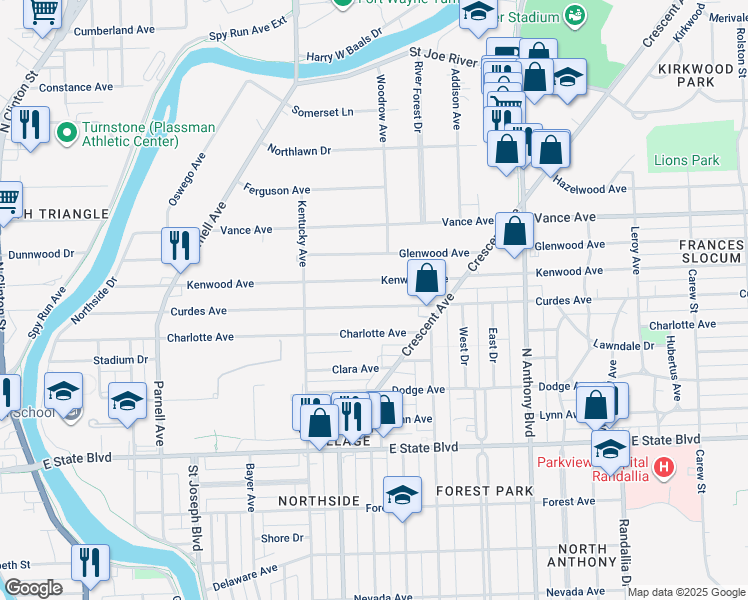 map of restaurants, bars, coffee shops, grocery stores, and more near 1309 Curdes Avenue in Fort Wayne