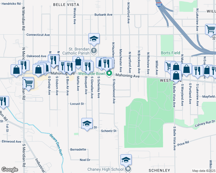 map of restaurants, bars, coffee shops, grocery stores, and more near 2623 Alma Court in Youngstown