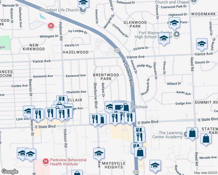 map of restaurants, bars, coffee shops, grocery stores, and more near 2713 Bosworth Drive in Fort Wayne