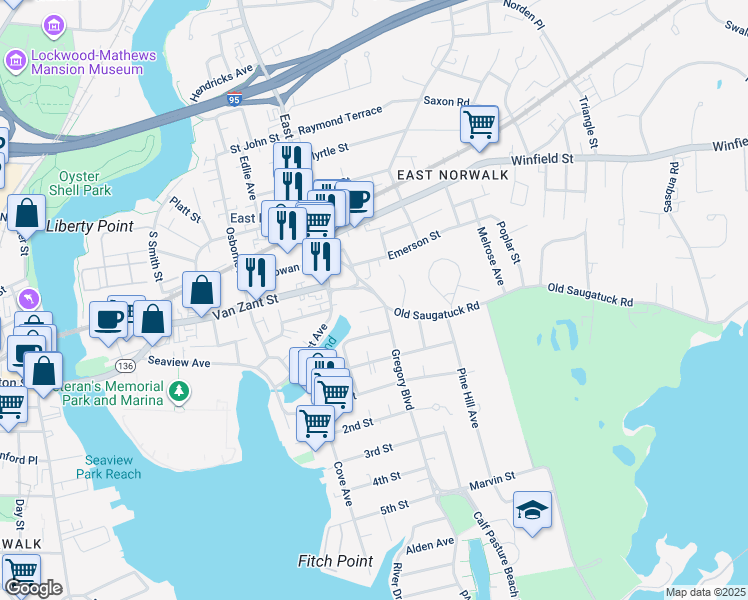 map of restaurants, bars, coffee shops, grocery stores, and more near 7 Fenwick Place in Norwalk