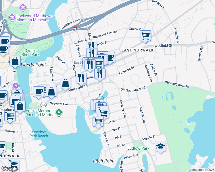 map of restaurants, bars, coffee shops, grocery stores, and more near 7 Fenwick Place in Norwalk