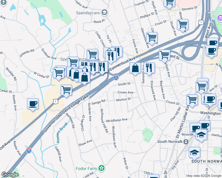 map of restaurants, bars, coffee shops, grocery stores, and more near 32 Crown Avenue in Norwalk