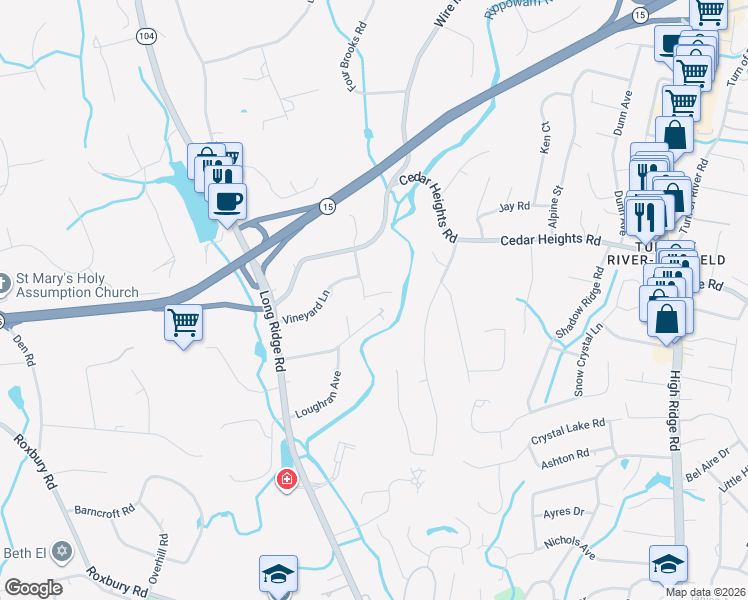 map of restaurants, bars, coffee shops, grocery stores, and more near 46 Hunting Lane in Stamford
