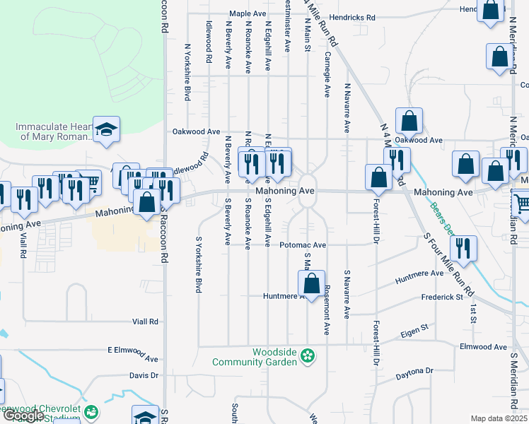 map of restaurants, bars, coffee shops, grocery stores, and more near 35 South Edgehill Avenue in Youngstown
