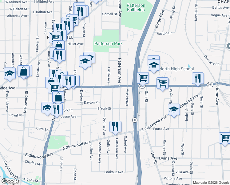 map of restaurants, bars, coffee shops, grocery stores, and more near 582 Patterson Avenue in Akron