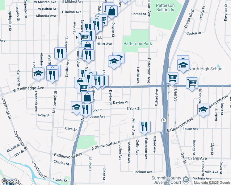 map of restaurants, bars, coffee shops, grocery stores, and more near 595 Dayton Street in Akron