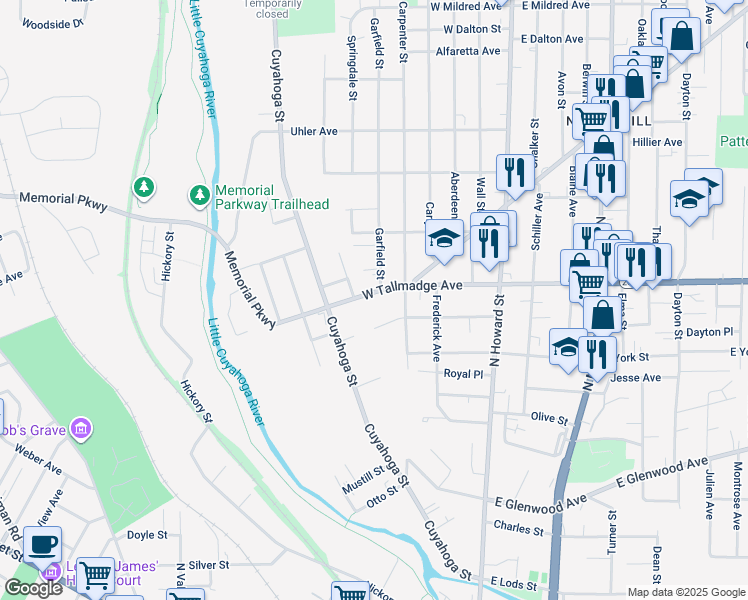 map of restaurants, bars, coffee shops, grocery stores, and more near 144 W Tallmadge Ave in Akron