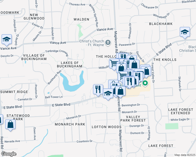 map of restaurants, bars, coffee shops, grocery stores, and more near 6006 Brandy Chase Cove in Fort Wayne