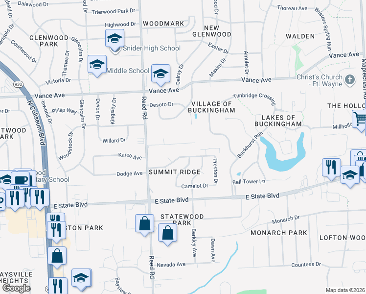 map of restaurants, bars, coffee shops, grocery stores, and more near 4932 Charlotte Avenue in Fort Wayne