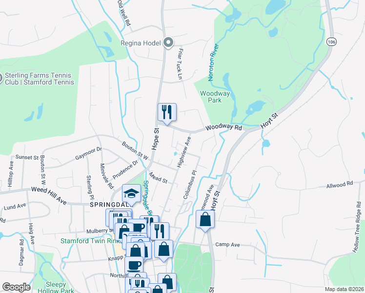 map of restaurants, bars, coffee shops, grocery stores, and more near 186 Highview Avenue in Stamford