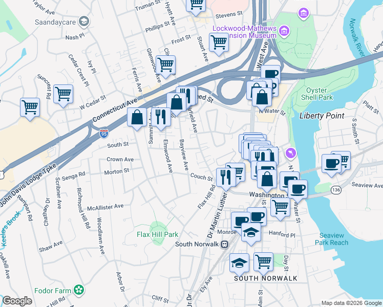 map of restaurants, bars, coffee shops, grocery stores, and more near 4 Golden Hill Street in Norwalk