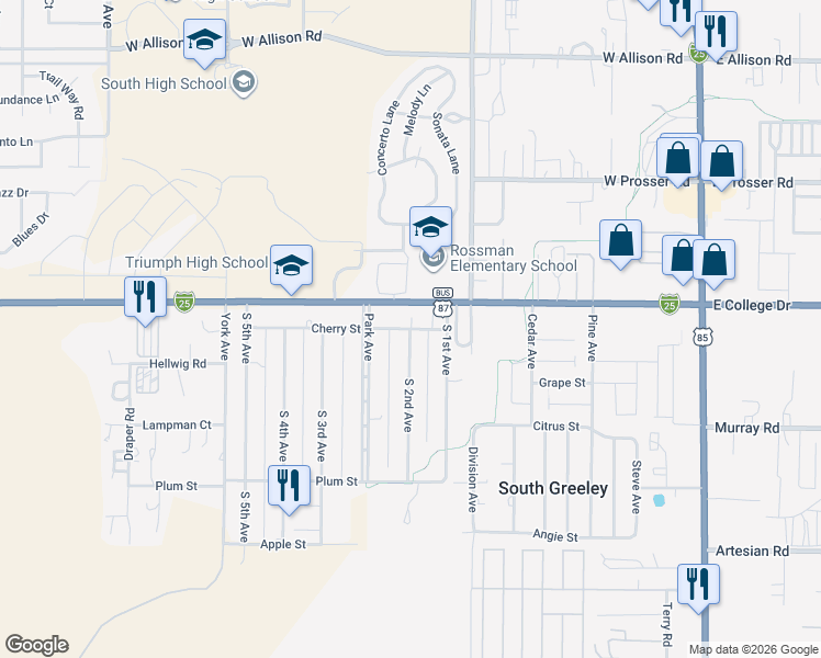 map of restaurants, bars, coffee shops, grocery stores, and more near 999 Cherry Street in Cheyenne