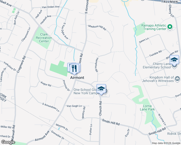 map of restaurants, bars, coffee shops, grocery stores, and more near 5 Hampton Rd in Airmont