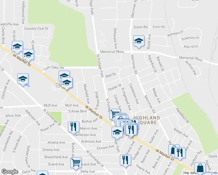 map of restaurants, bars, coffee shops, grocery stores, and more near 973 Dopler St in Akron