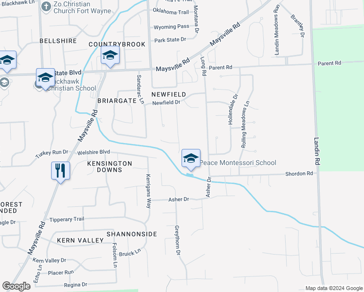 map of restaurants, bars, coffee shops, grocery stores, and more near 2502 Repton Dr in Fort Wayne