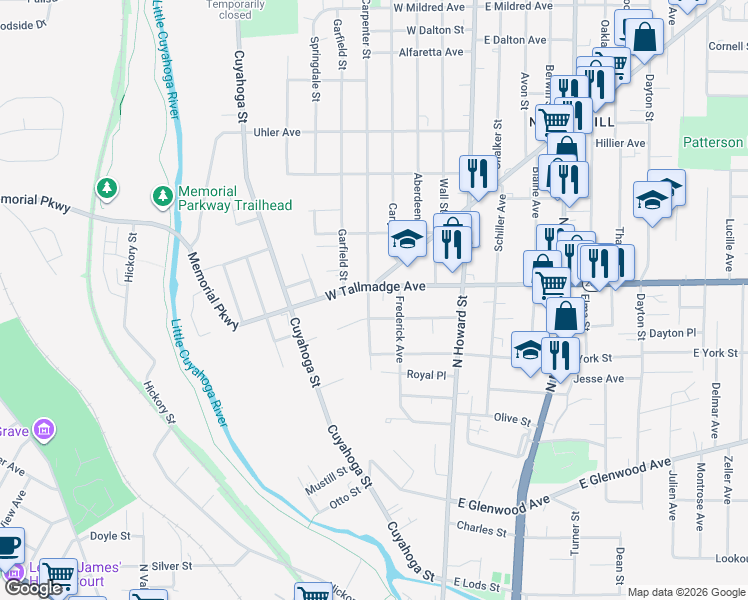 map of restaurants, bars, coffee shops, grocery stores, and more near 597 Carpenter Street in Akron