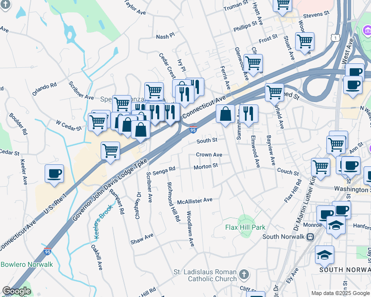 map of restaurants, bars, coffee shops, grocery stores, and more near 1 Horizon Drive in Norwalk