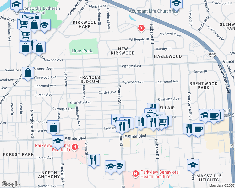 map of restaurants, bars, coffee shops, grocery stores, and more near 2730 Curdes Avenue in Fort Wayne