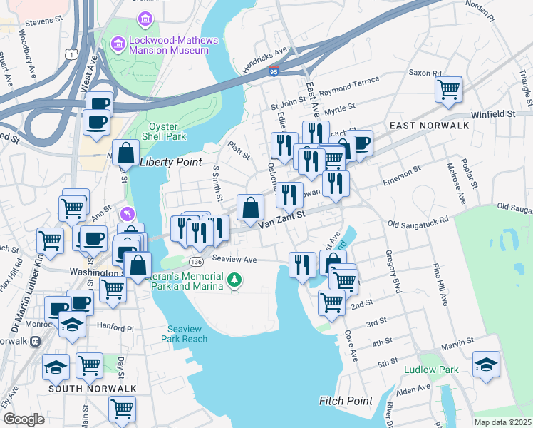map of restaurants, bars, coffee shops, grocery stores, and more near 25 Van Zant Street in Norwalk
