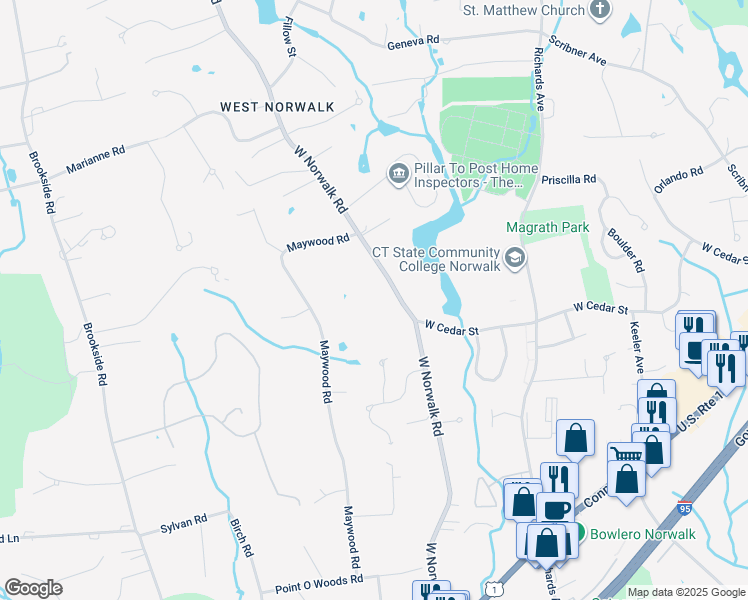 map of restaurants, bars, coffee shops, grocery stores, and more near 141 West Norwalk Road in Norwalk