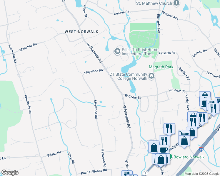 map of restaurants, bars, coffee shops, grocery stores, and more near 141 West Norwalk Road in Norwalk