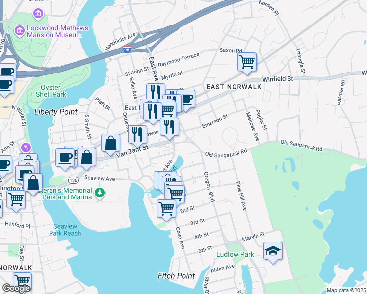 map of restaurants, bars, coffee shops, grocery stores, and more near 1 Cemetery Street in Norwalk