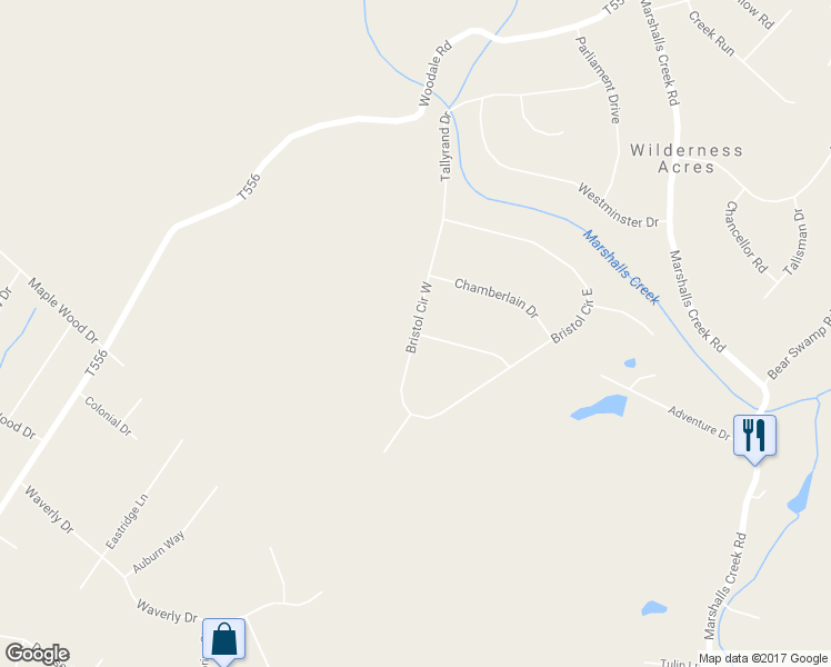 map of restaurants, bars, coffee shops, grocery stores, and more near Bristol Circle West in East Stroudsburg