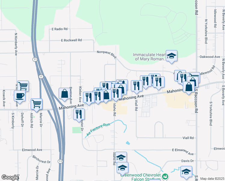 map of restaurants, bars, coffee shops, grocery stores, and more near 24 Evans Avenue in Youngstown