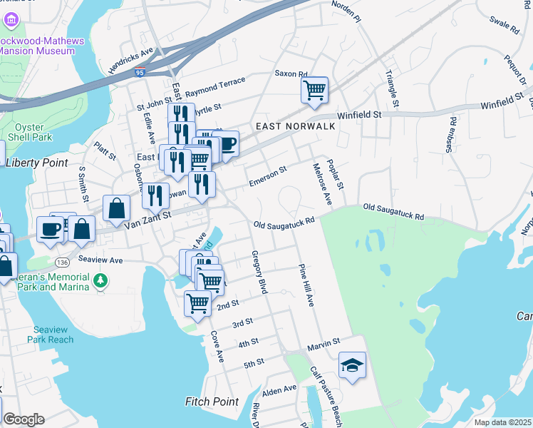 map of restaurants, bars, coffee shops, grocery stores, and more near 9 Old Saugatuck Road in Norwalk