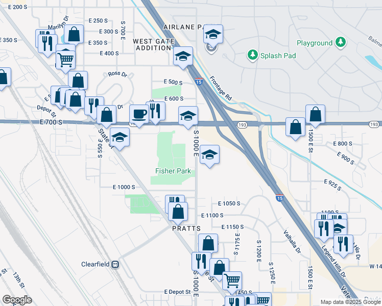 map of restaurants, bars, coffee shops, grocery stores, and more near 850 South 1000 East in Clearfield