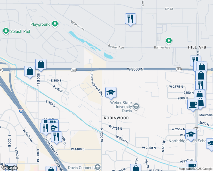 map of restaurants, bars, coffee shops, grocery stores, and more near 1165 2875 North in Layton