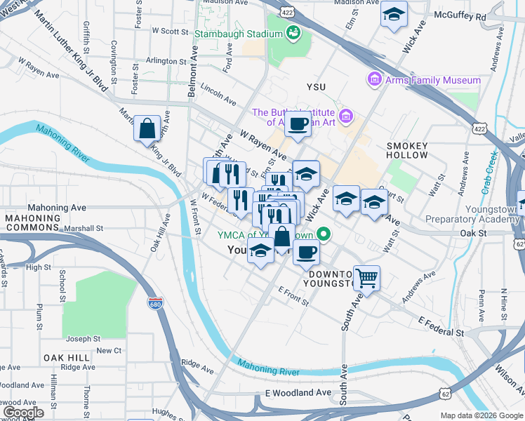 map of restaurants, bars, coffee shops, grocery stores, and more near 121w West Commerce Street in Youngstown
