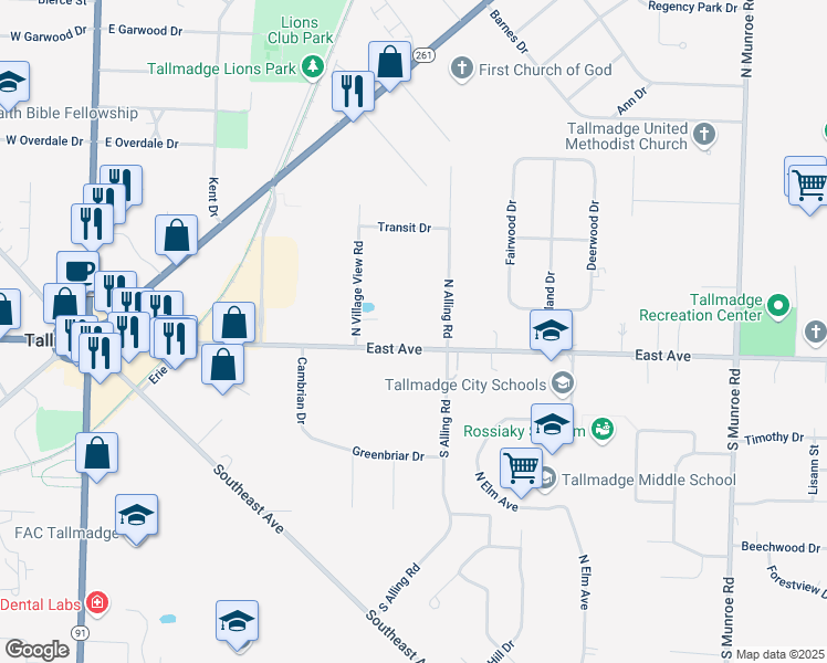 map of restaurants, bars, coffee shops, grocery stores, and more near 323 East Avenue in Tallmadge