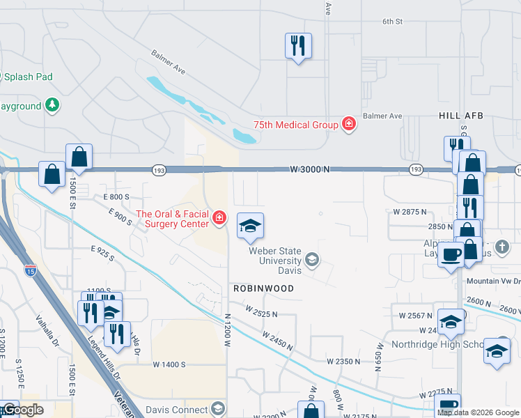 map of restaurants, bars, coffee shops, grocery stores, and more near 1081 1175 West in Layton