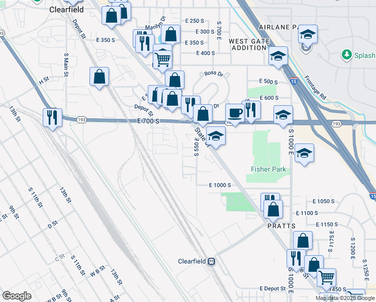 map of restaurants, bars, coffee shops, grocery stores, and more near 852 South 550 East in Clearfield