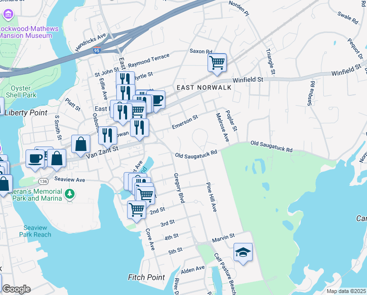 map of restaurants, bars, coffee shops, grocery stores, and more near 9 Old Saugatuck Road in Norwalk