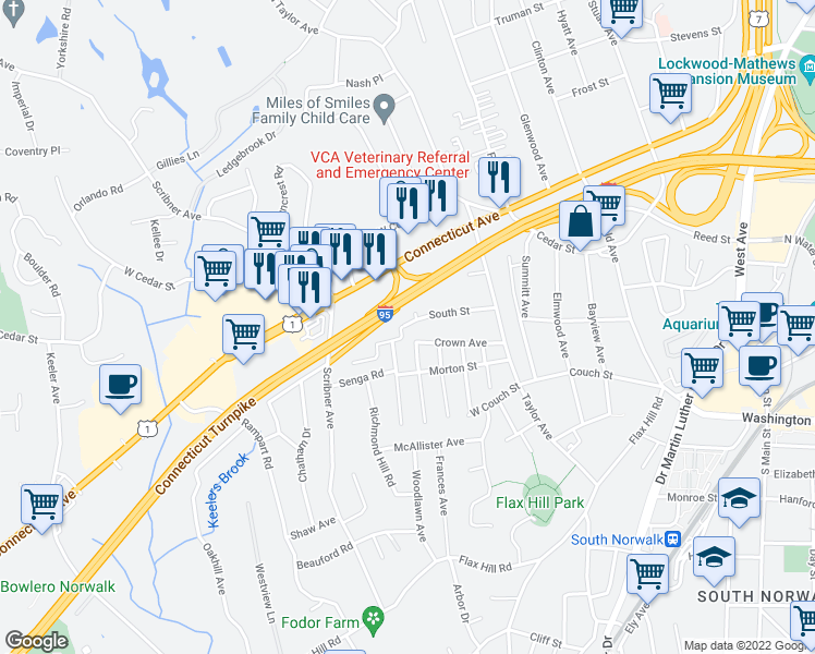 map of restaurants, bars, coffee shops, grocery stores, and more near 32 Crown Avenue in Norwalk