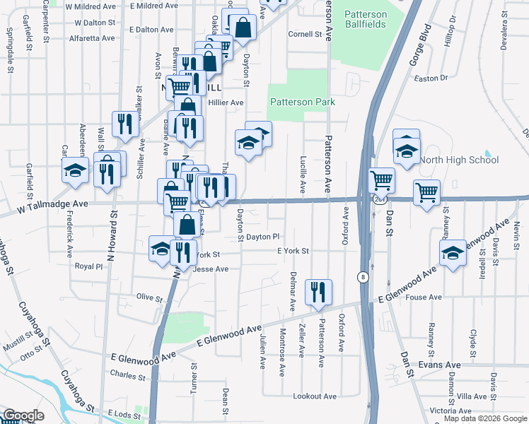 map of restaurants, bars, coffee shops, grocery stores, and more near 269 Luedella Court in Akron