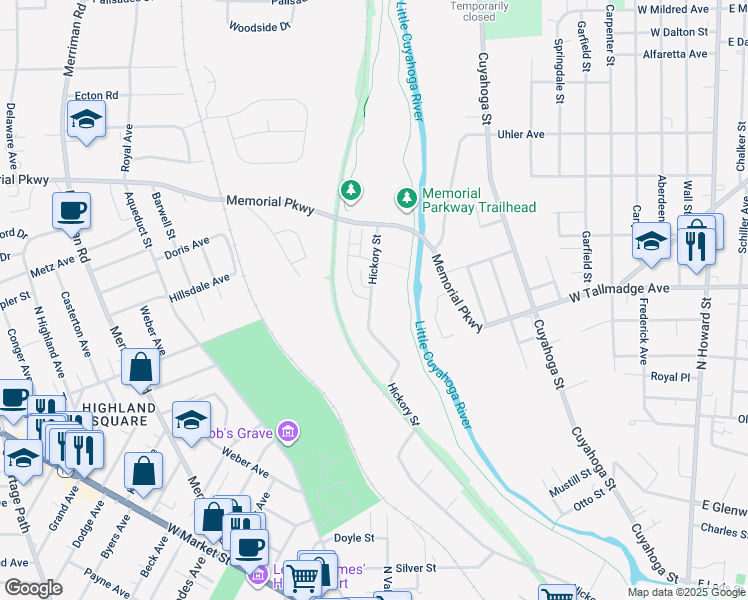 map of restaurants, bars, coffee shops, grocery stores, and more near 700 Hickory Street in Akron